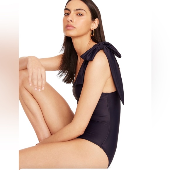 J. Crew NWT Bow One Shoulder One Piece Swimsuit Size 22 Navy Blue - Picture 2 of 13